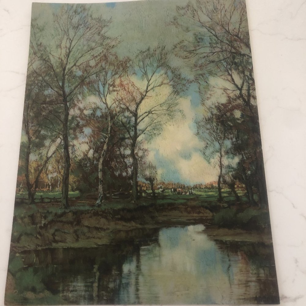 Vintage Landscape Art Print of Trees and River